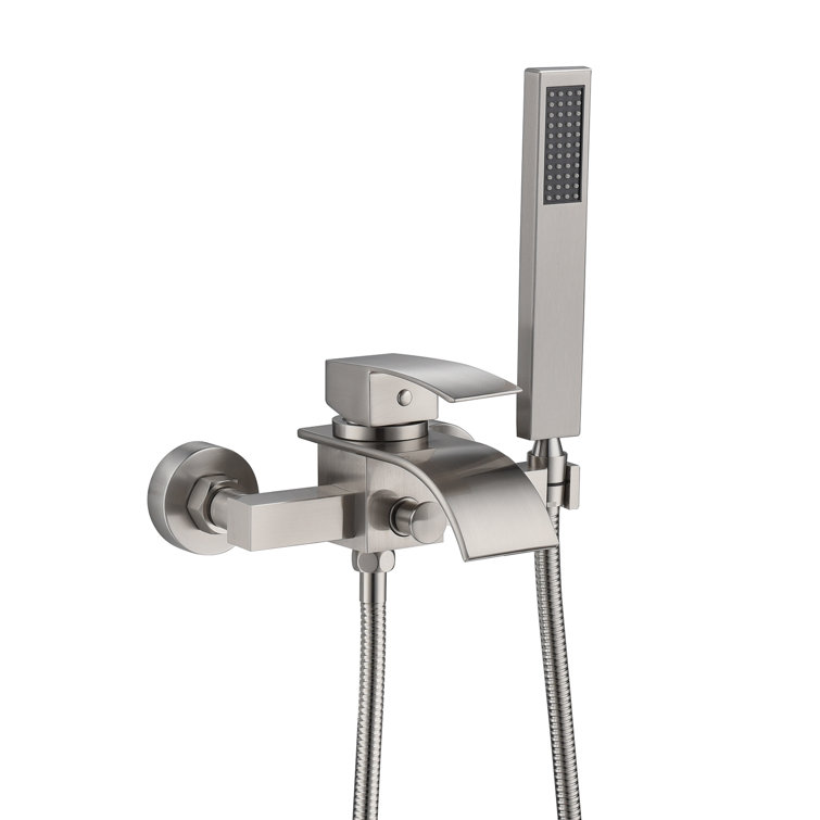 Wonderland America Wall Mount Tub Faucet Brushed Nickel With Hand Shower And Wide Waterfall